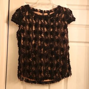 Ann Taylor Shirt Top Blouse Black Rose Lace Nude Underlay Cap Sleeve Medium